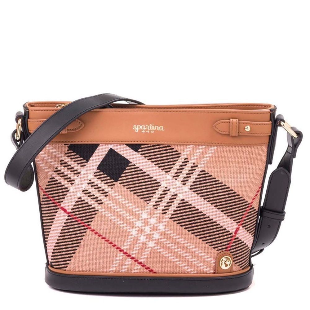 Spartina 449 Daufuskie Pink Nova Plaid Check Black Leather Purse
